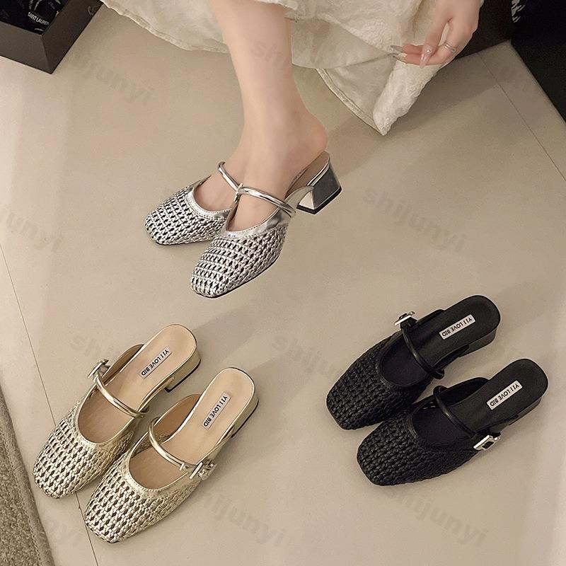 Fashion Summer Women Slippers Mules 2025 Leisure Slipper Retro Square Toe Metal Buckle Fashion Half Slipper Outdoor Sandalias De Mujer