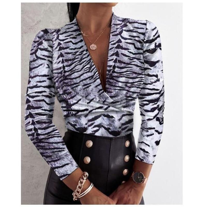 

Женская новая осенне-зимняя сексуальная блузка-рубашка с длинными рукавами и V-образным вырезом с леопардовым принтом L печати тигр