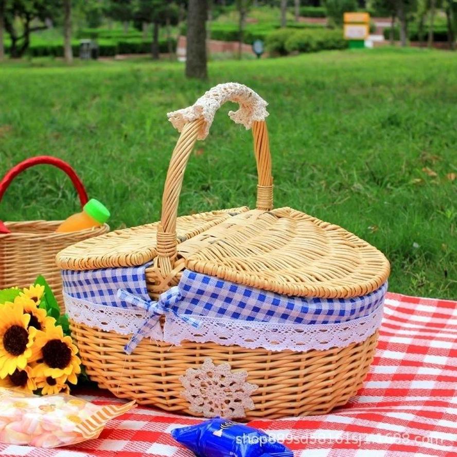 1 Pcs Retro Wicker Carry-on Handle Storage Baskets Picnic Basket With Lid Fruit Food Basket Home Organization Accessories