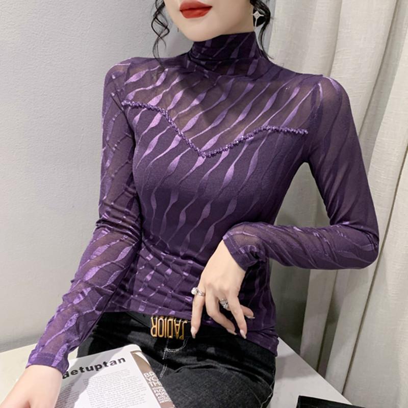 Autumn and Winter High-neck Mesh Beaded Long-sleeved T-shirt for Women, Slim and Fashionable Top Plus Velvet Warm Base Shirt