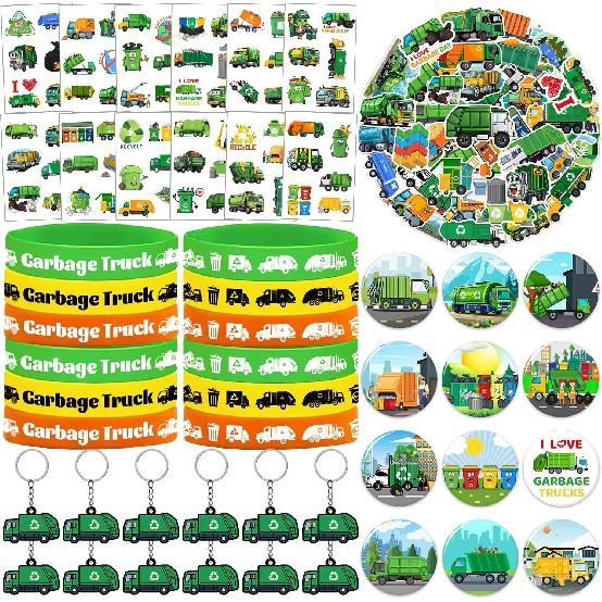 110 PCS Garbage Truck Party Favors, Garbage Trash Truck Tattoos Silicone Bracelets Keychains Stickers Badges for Garbage Truck Birthday Party