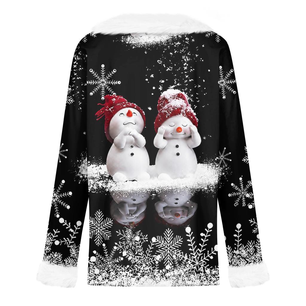 Damen Casual Christmas Print Langarm-Oberteil mit Plüschkragen für den Winter