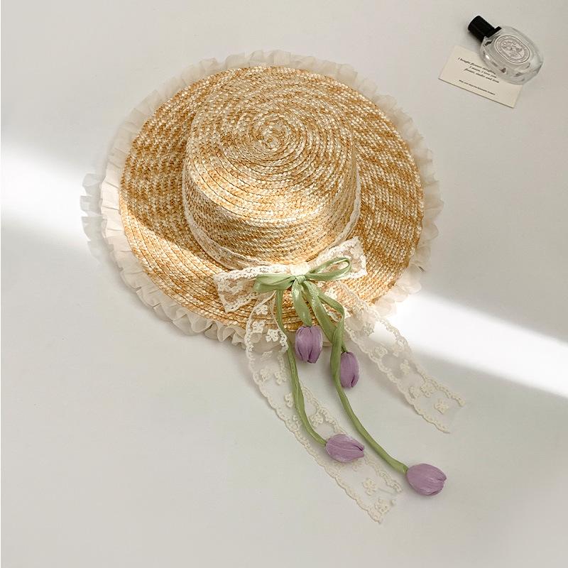 

Harajuku Women Straw Hats Beach Sun Hat Sweet Lolita Kawaii Princess ribbon Floral Lace Bow Straw Hat Female Handmade 56-58CM