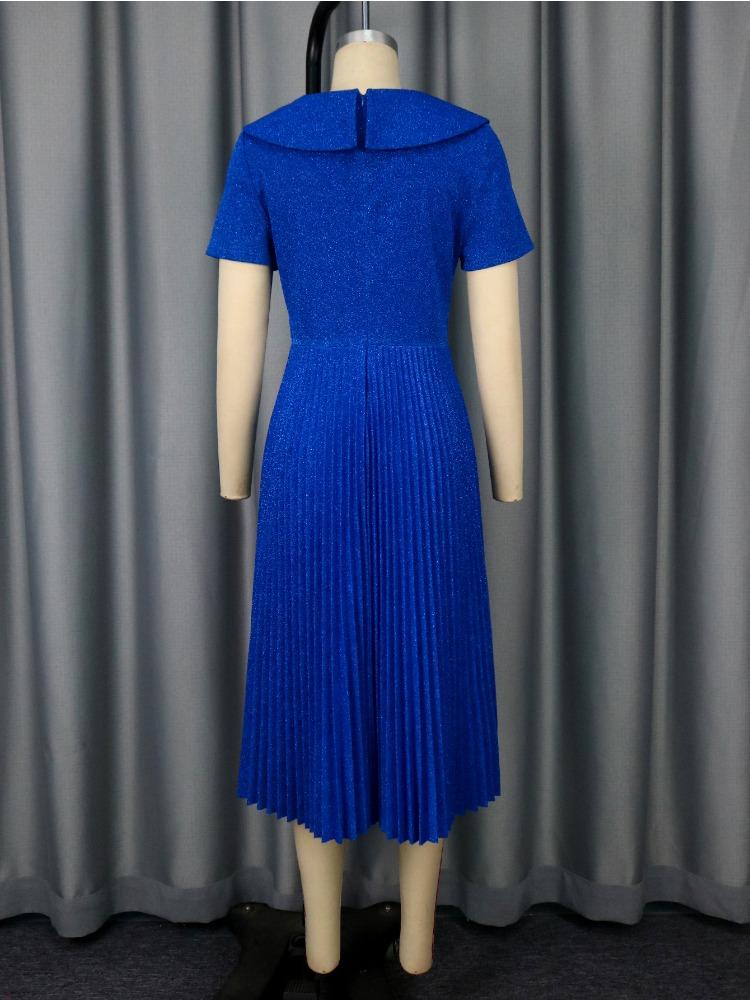 Blue Pleated Long Casual Dresses for Womenvintage Dress Mid Calf Turn Down Collar Short Sleeves High Waist Slim Dress 2025