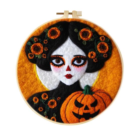 Halloween Needle Felting Kit Beginner Felt Craft Set DIY Felt Painting with Faux Wool Needle Frame Stamped Fabric for Adults Handcraft Lovers