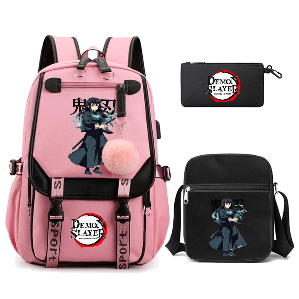 3Pcs/set Cartoon Demon Slayer Printed Backpack with Shoulder Bag for Teenager Student Girl Boy Bookbag Large Capacity Travel Bag