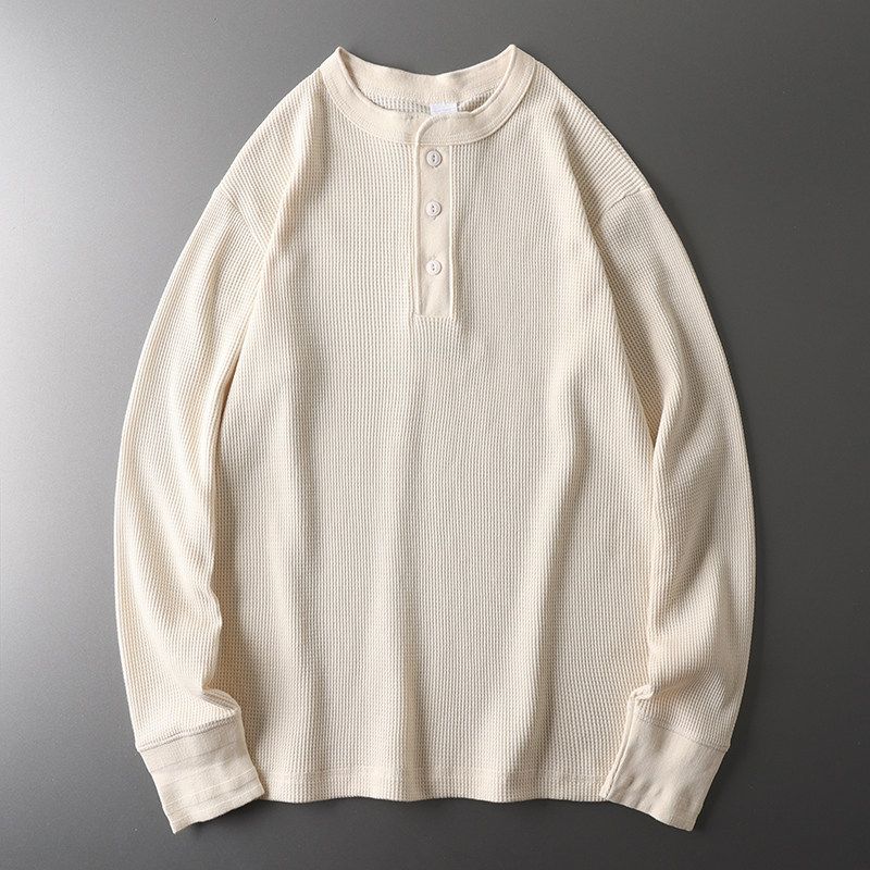 American Style Retro Heavy-Weight Waffle Pattern Long Sleeves Henley Shirt