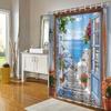 Tenda Doccia Isole Greche - Edifici Bianchi, Mare Azzurro e Fiori, Scena Mediterranea Vivace, Resistente all'Acqua