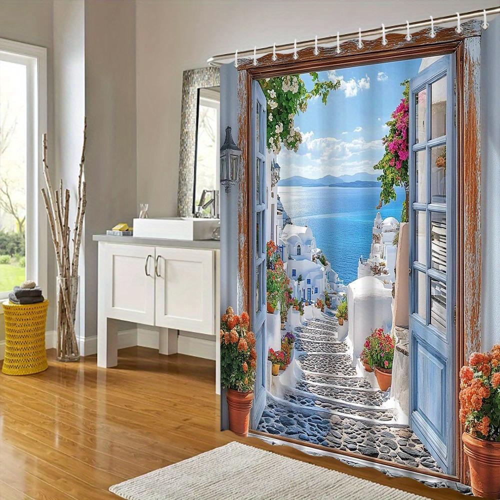 Tenda Doccia Isole Greche - Edifici Bianchi, Mare Azzurro e Fiori, Scena Mediterranea Vivace, Resistente all'Acqua