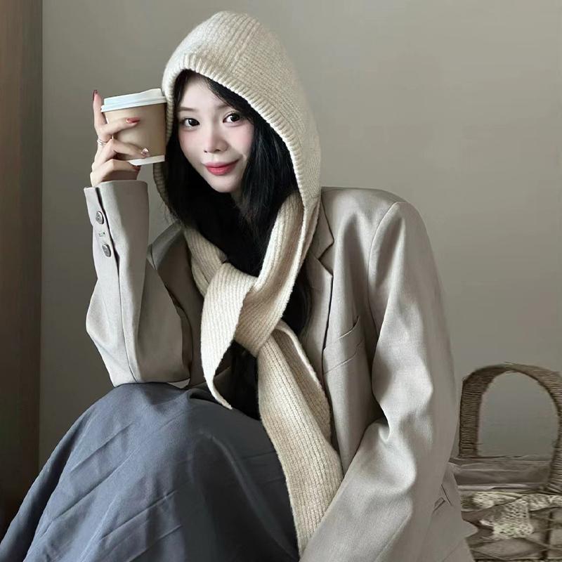 

Autumn Winter Warm Hat And Scarf In One Korean Style Plain Casual Knitted Hat бежевый
