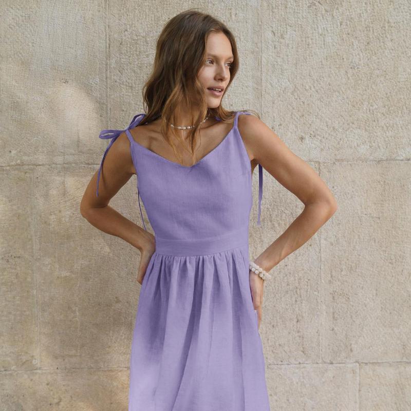 LYRIA French-style khaki cotton and linen breathable spaghetti-strap high-waisted dress, new European and American style, vacation style long dress