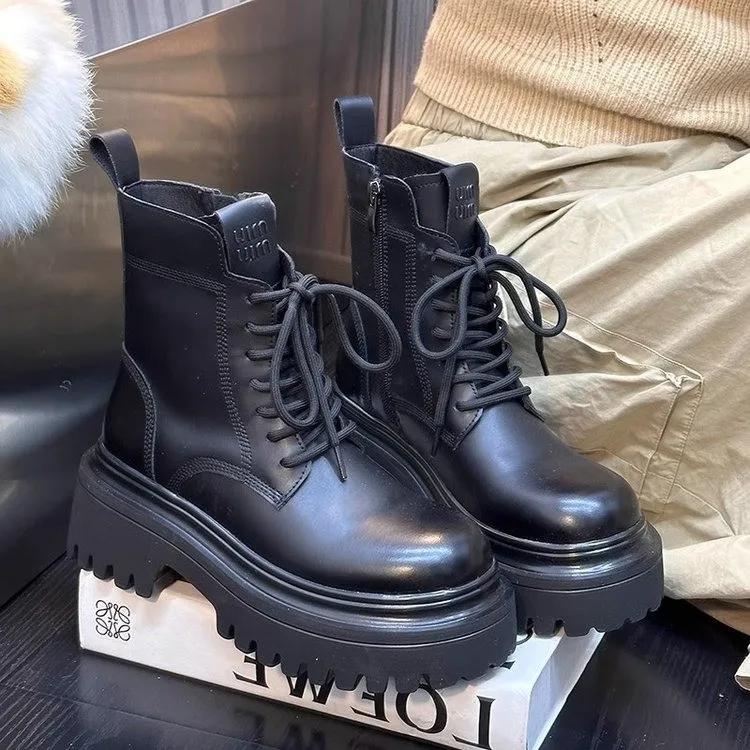 

Женские ботинки на толстой подошве в британском стиле, тонкие ботинки 2024 года, новые весенне-осенние, модные короткие ботинки Single Knight 40 чёрный