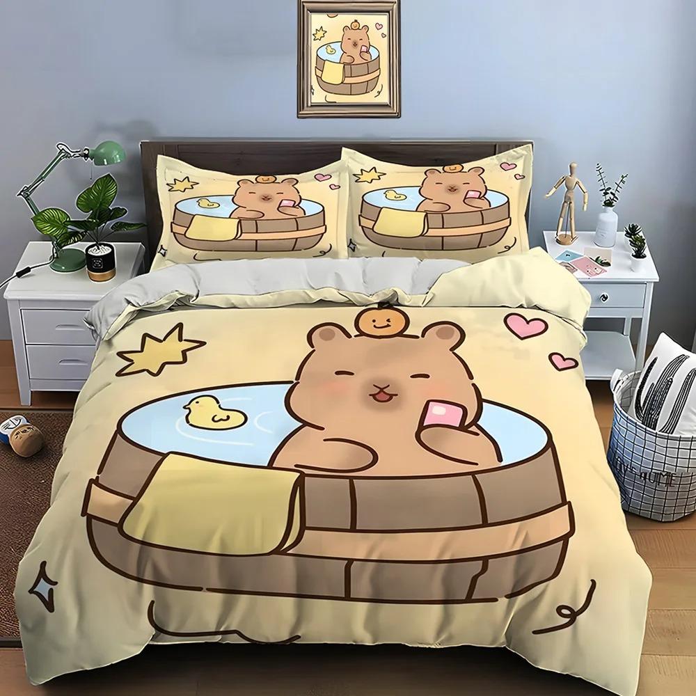 Cute Cartoon Capybara Print Bedding Set Duvet Cover 1 Duvet Cover 2 Pillowcases Adult and Boys Bedding Set Luxury Gifts