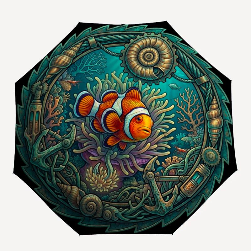 Oceanic Mechanical Wonder Pattern Umbrella, Portable and Foldable Design, 8 Ribs, a Casual Accessory for Halloween, Christmas, and Birthday Gifts.