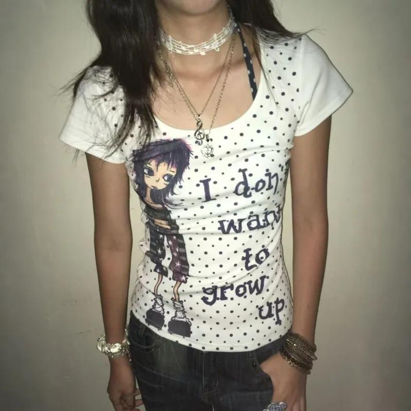 2KWEIRD Japanische Retro Subkultur Cartoon Print T-Shirts Sommer Harajuku Gepunktete Kurzarm-Tees Damen Punk Hottie Slim-Fit Tops