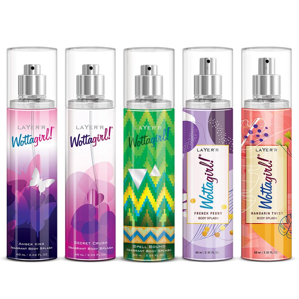 Layer’r Wottagirl Body Mist Combo for Women, Pack of 5 (5×60ml) | Mandarin Twist, French Peony, Secret Crush, Amber Kiss & Spell Bound | Long-Lasti