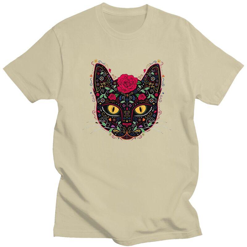 Custom Cool Day Of The Dead Kitten Cat Sugar Skull T Shirt Men Short Sleeve Pure Cotton Tshirt Tees Streetwear Tshirt