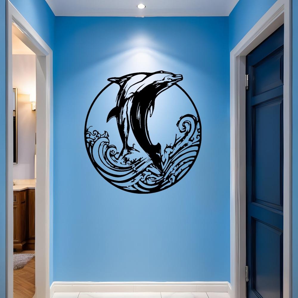 2D Laser Cut Dolphin Wave Iron Wall Art, Large Black Metal Decor for Living Room Bedroom, 1pc
