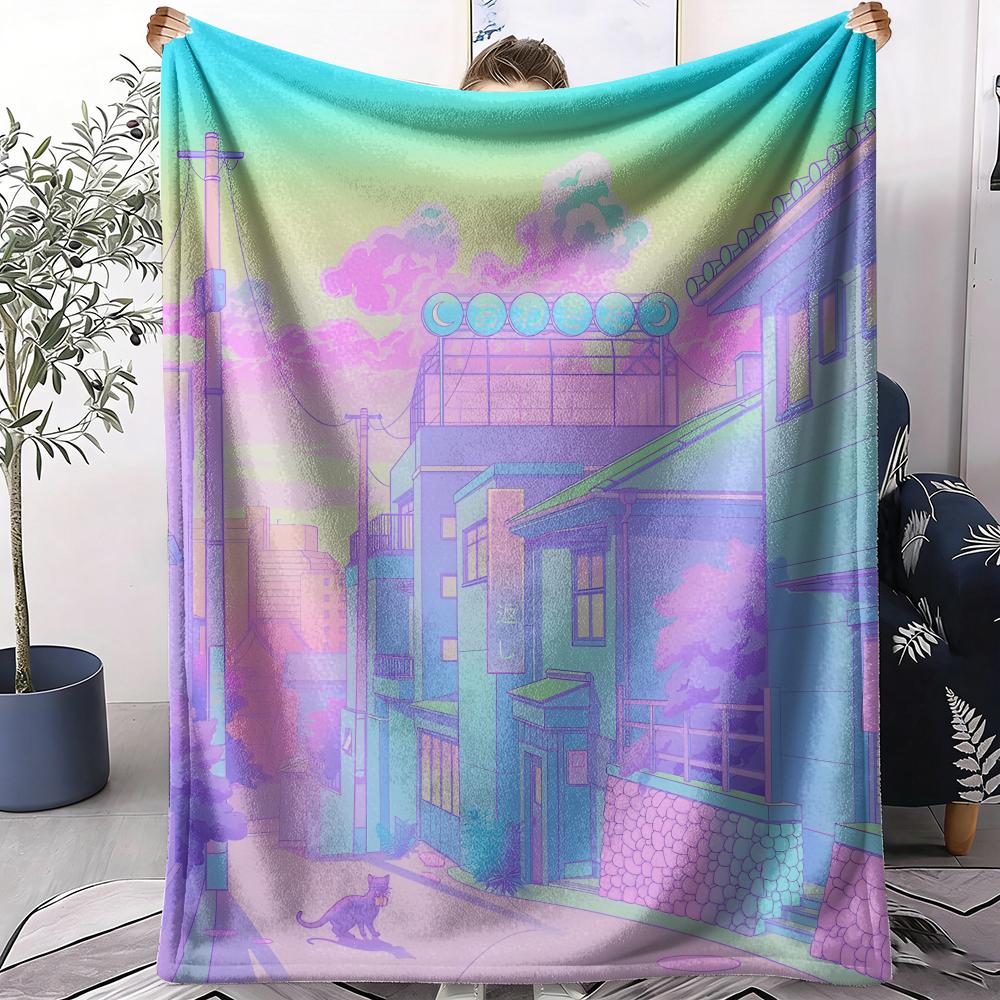 Pastel Cityscape Throw Soft Flannel AC Blanket Lightweight Summer Nap Throw Cozy Blanket for Sofa Bed Travel Home 75x90cm