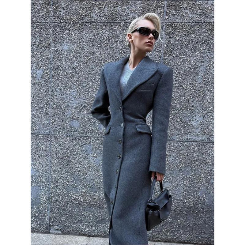 

Модный бордовый лацкан с высокой талией, длинный шерстяной пиджак, элегантное однотонное пальто с длинными рукавами, новая женская верхняя одежда для улицы L
