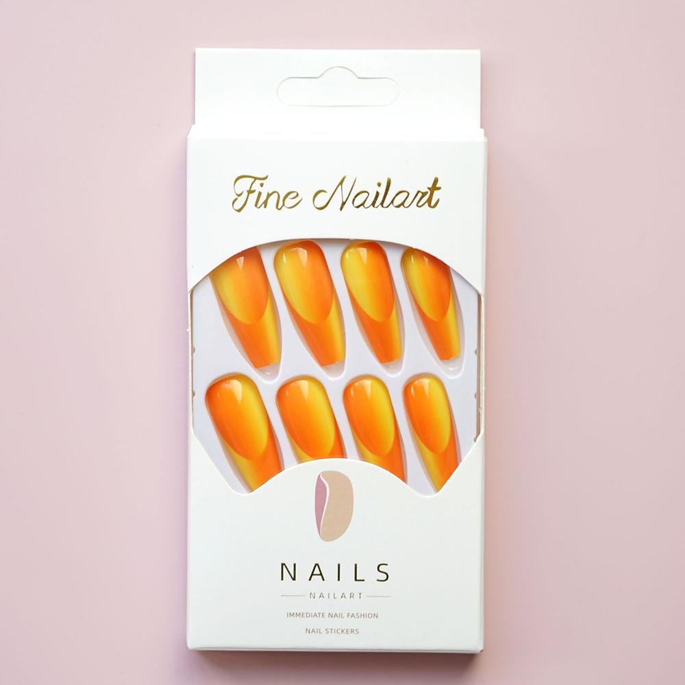 24pcs Long False Nail Orange Jade Style Removable Nail Solid Color for Lady Beauty Nail Makeup