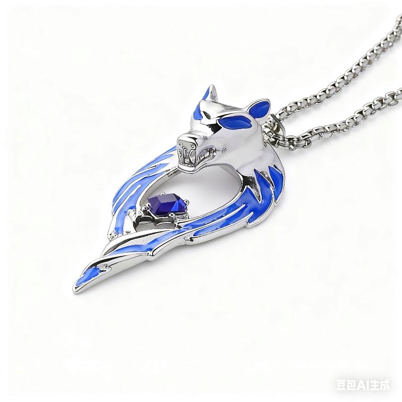 Blue Wolf Pendants Exaggerated Chain Necklace for Women Unisex Punk Style Personality Animal Drop Unique Design Neck Jewelry