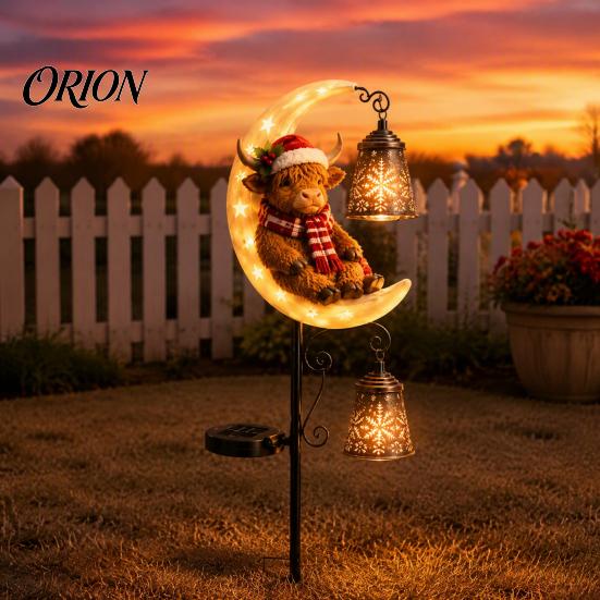 Weather Resistant Backyard Ornaments Highland Cow Moon Solar Garden Light, Christmas Metal Waterproof Powered Path Lights Stake Outdoor Yard