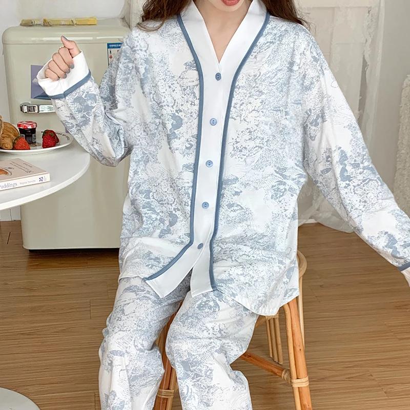 

Осенне-весенний синий принт джунглей элегантный женский пижамный комплект модное кимоно кардиган пижамы искусственный хлопок длинные рукава пижамы M
