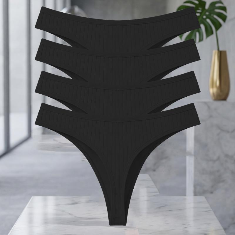 FINETOO 4Pcs/Set Cotton Ribbed Thongs For Women Seamless Solid Color High Quality Underwear Ladies Cozy Breathable Sexy G-String