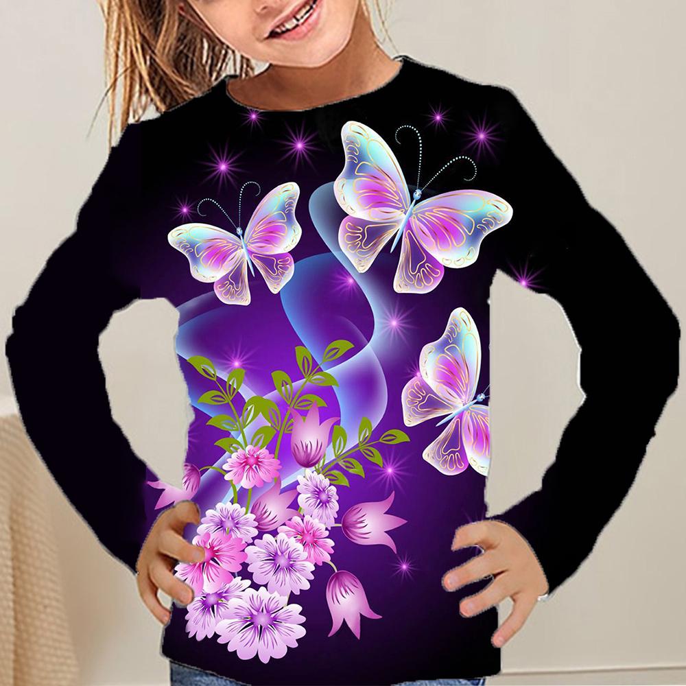 Spring and Autumn Round Neck Butterfly Pattern 3D Printed Top Fashionable Casual Long Sleeved Children's Girl T-shirts