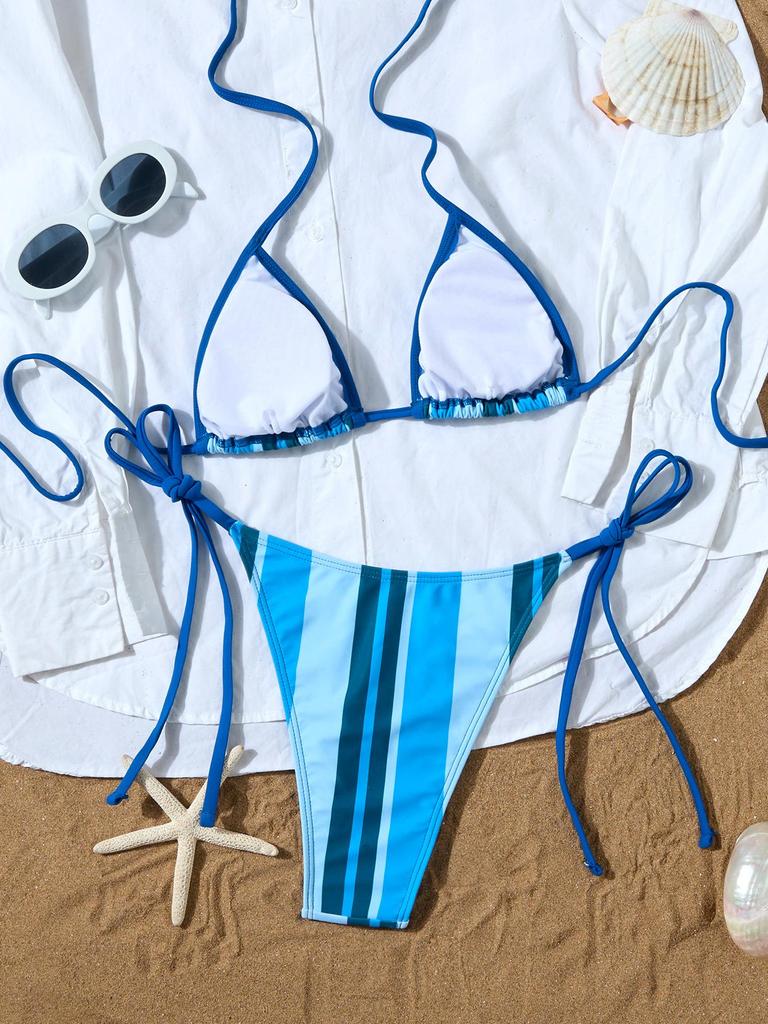 Gestreifter Print Krawatten-Dreieck Sexy geteilter Bikini Badeanzug für Damen