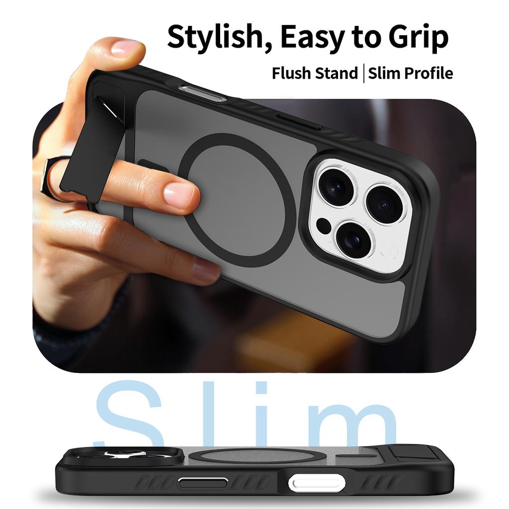 Built-In Invisible Kickstand for Magsafe Mag Safe Iphone 16E 16 E 15 Pro Max 14 Plus 13 12 14Pro 16Pro 15Pro Shockproof Black Phone Cover Accessories