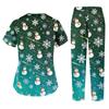 Women's Casual 2 Piece Scrub Set, V-Neck Short Sleeve with Pockets, Christmas Print Caregiver Uniform