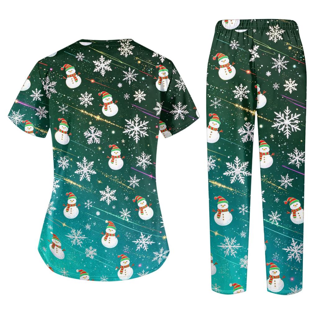 Women's Casual 2 Piece Scrub Set, V-Neck Short Sleeve with Pockets, Christmas Print Caregiver Uniform
