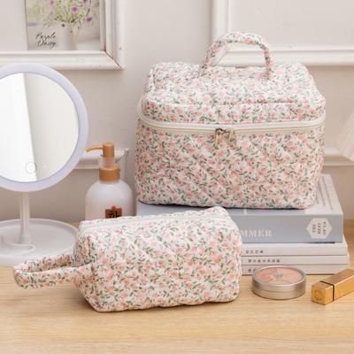 3Pcs Floral Makeup Bag Cotton Quilted Makeup Organizer Storage Bag Large Capacity Cosmetic Organizer Case with Zipper for Women