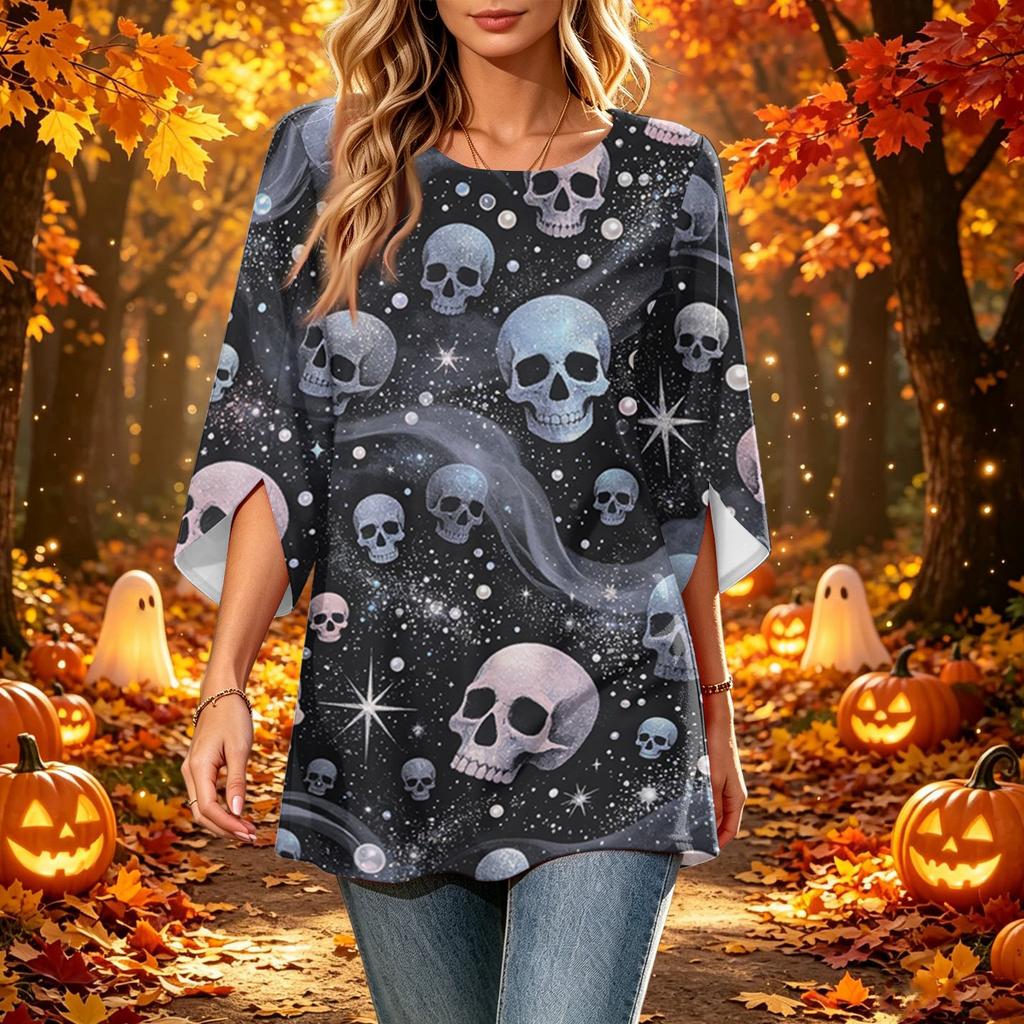 Women's Halloween Print Casual Neck Loose Fit 3/4 Sleeve Top