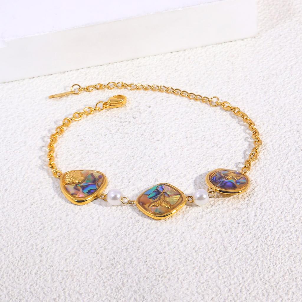 Stainless Steel Gold Color Bracelets with White Pearl Accents Mesh Band Flower Detail and Chunky Link Chain Designs for Women