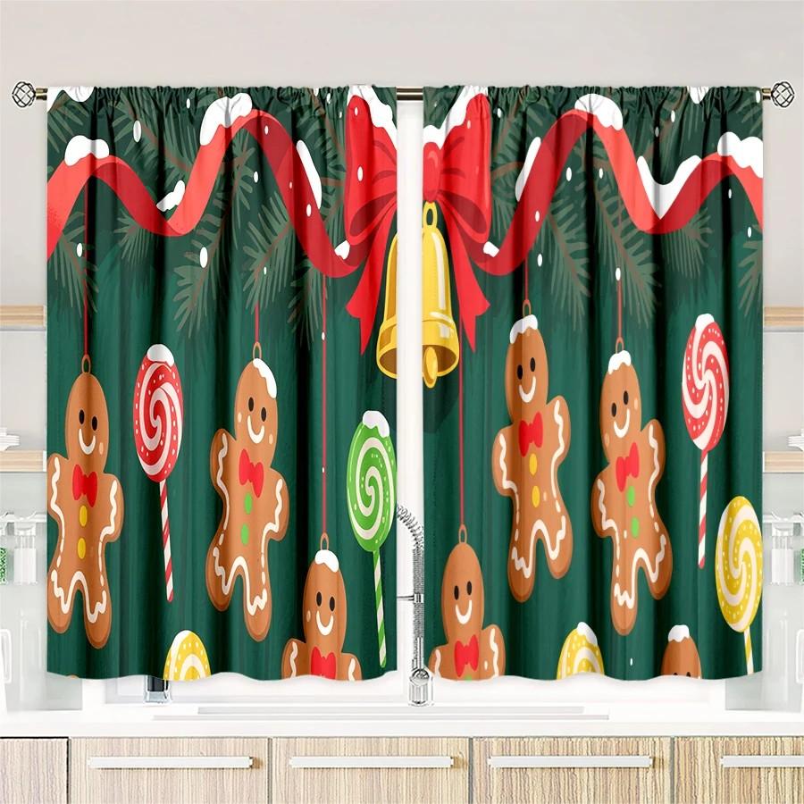 2pcs Cute Gingerbread  Curtains   Xmas Holiday Window Decor   Polyester Rod Pocket Curtain for Home Decor