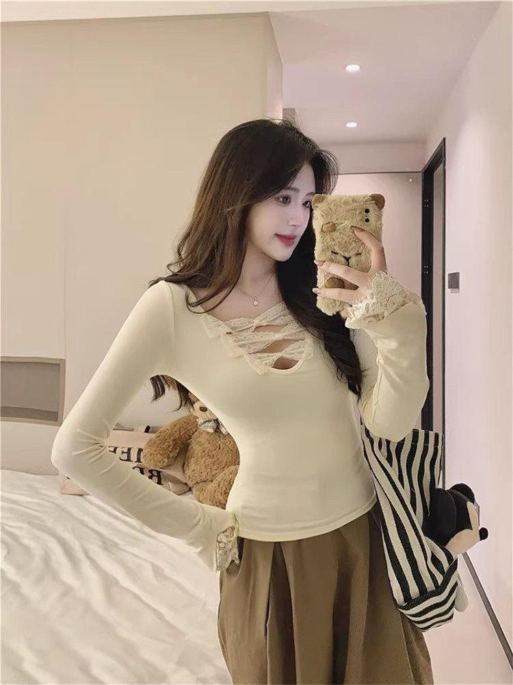 Lace Patchwork V-Neck Slim Fit Long Sleeve French Style Women's Top