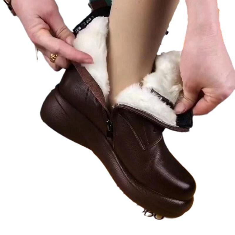 Retro Brown Women's Leather Boots Warm Flat Comfortable Fashionable Non-slip Snow Boots Slim Side Zipper Lace Up Women Shoes