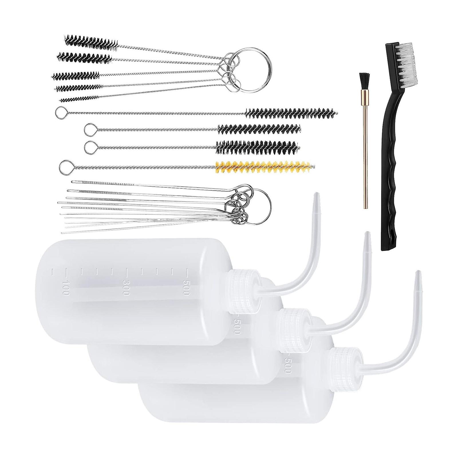 

Набор для чистки портативного распылителя из 24 предметов включает 4 моющих бутылки с дозатором и 21 кисть для эффективного обслуживания краскопульта.