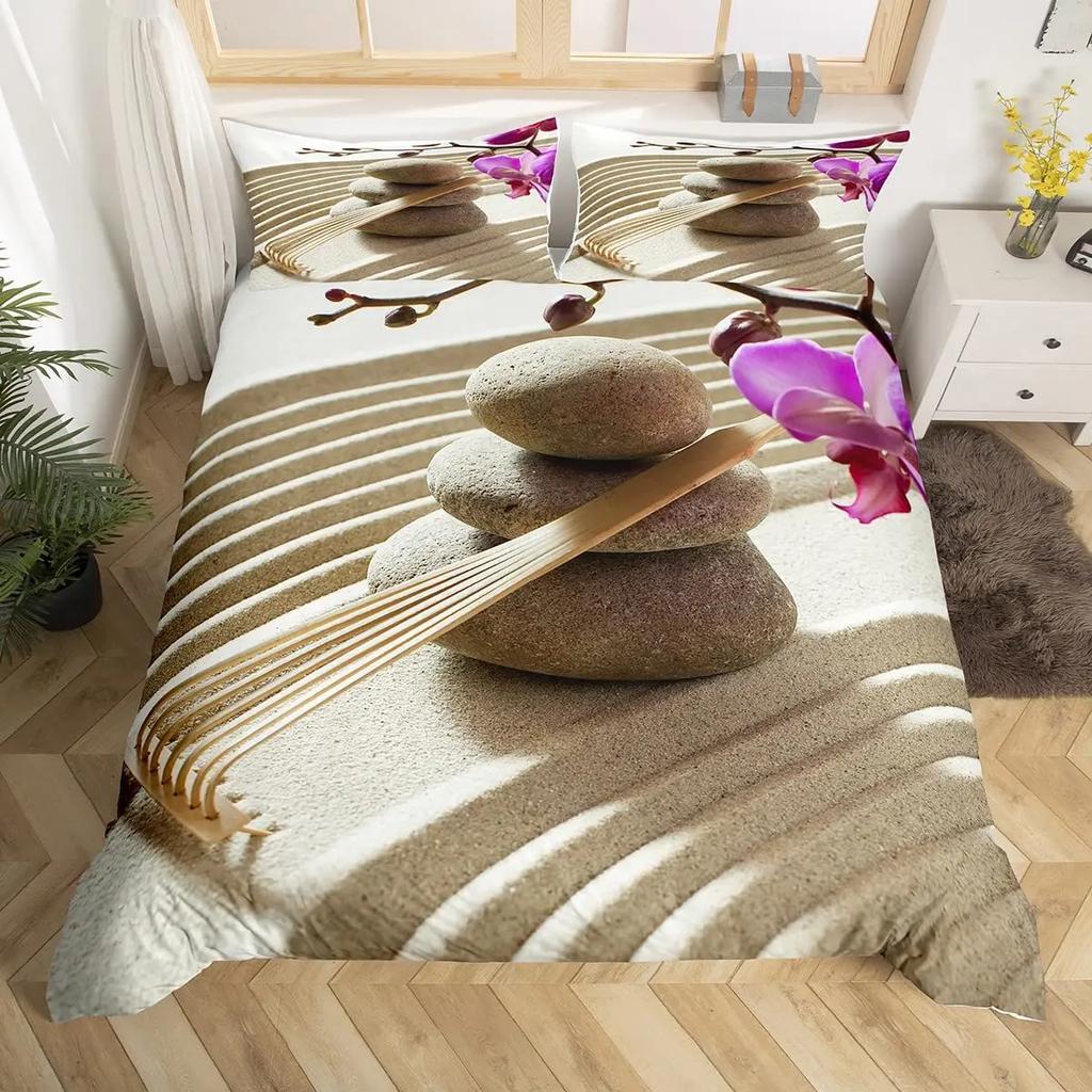 Zen Duvet Cover Set Sandy Beach Meditation Bedding Set Zen Stones Comforter Cover Tranquil Nature Artwork Quilt Cover Full Size