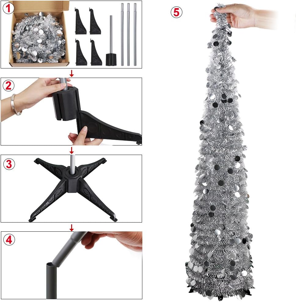 

5ft Pre-lit Collapsible Christmas Tree, Silver Tinsel Artificial Xmas Tree with Stand for Home Office Holiday Decor