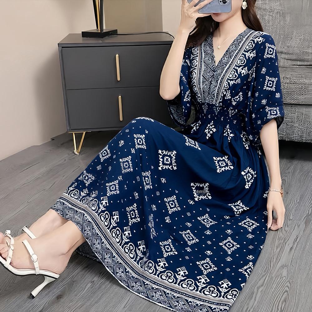 26-Year Floral V-Neck Cotton Silk Batwing Sleeve Beach Dress - Thailand Travel & Vacation Skirt Style