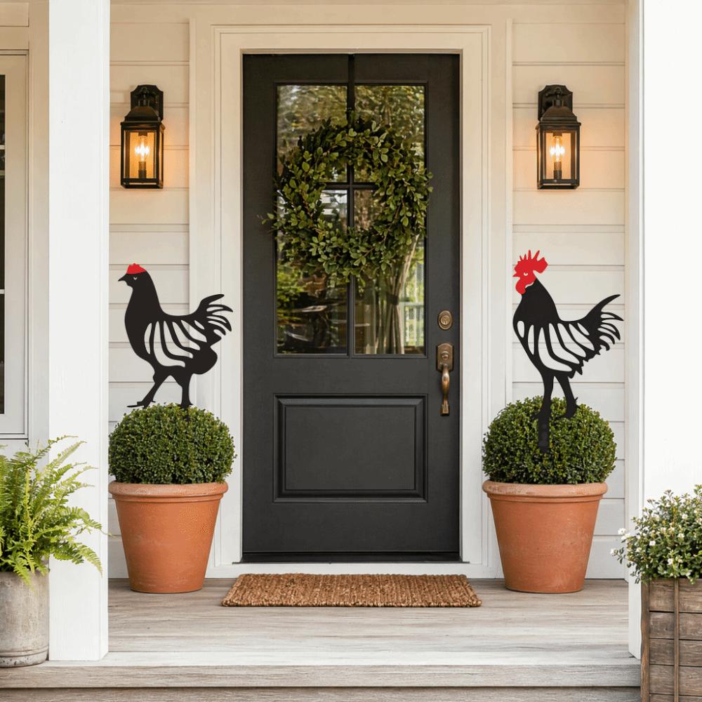 Black Metal Rooster Hen Garden Stake Decor  Patio Border Ground Inserted Adornment