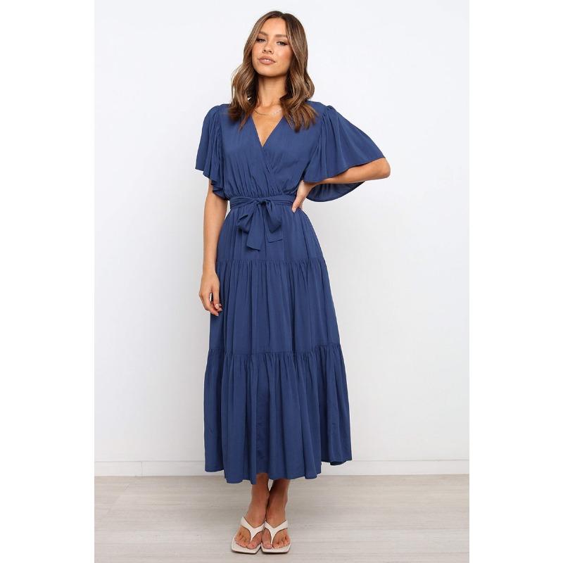 New v-neck commuter solid color short-sleeved waist dress, bohemian dress