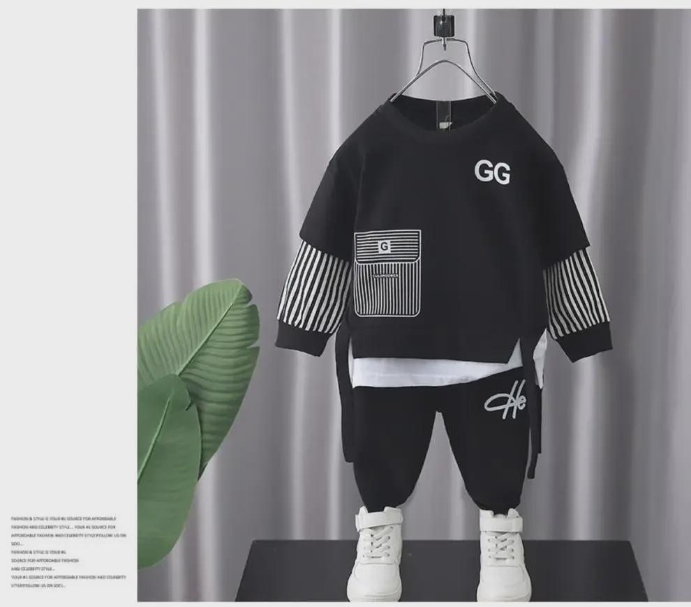 Jungen Frühling/Herbst Zweiteilige Sportbekleidung: Fake Zweiteiliges Sweatshirt & Freizeithose für Kinder