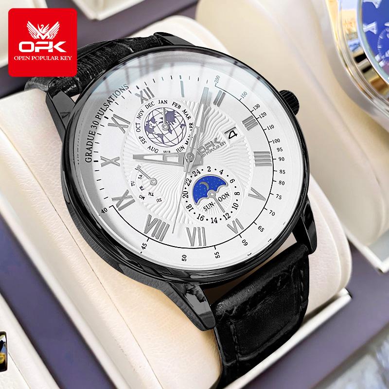 OPK 8153 Fashion Business Men's Quartz Wristwatch Luminous 24 Hour Moon Phase Leather Strap Waterproof Man Watch Luxury