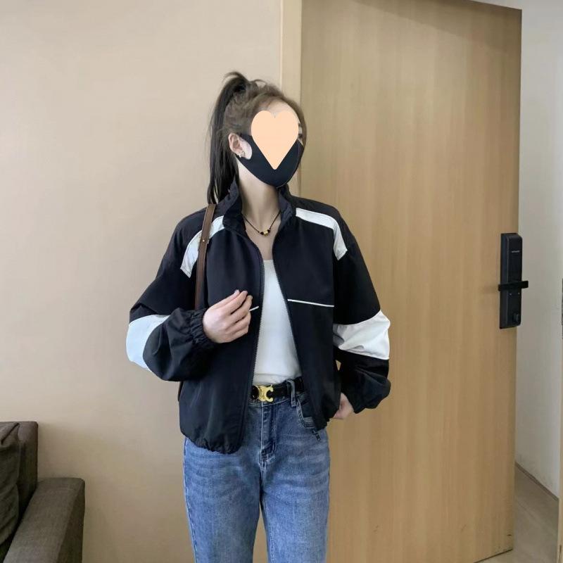 Windbreaker Jacket Women Cropped Spring Plus Size Casual Versatile Loose Color Block Baseball Top