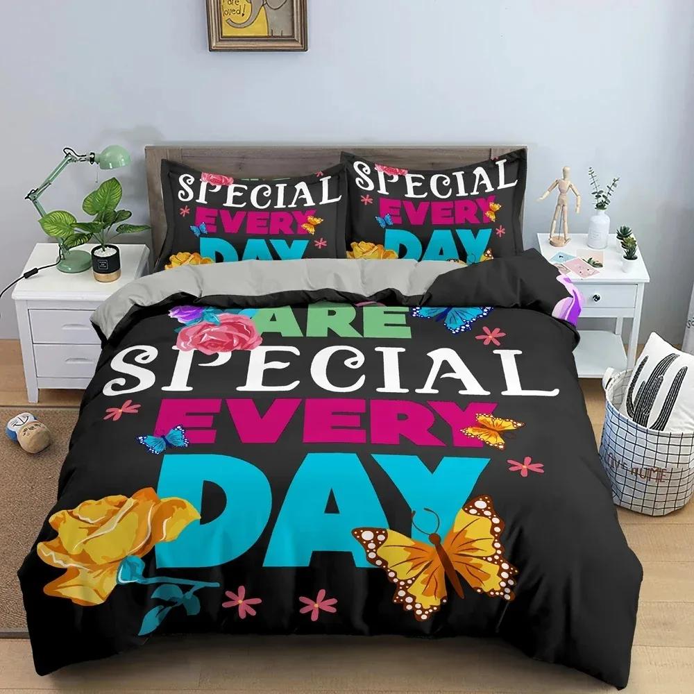 Beautiful Flowers Love Duvet Cover Set For Bedroom Decor Luxury Bedding Set English Letters Background King Bedclothes 3Pcs